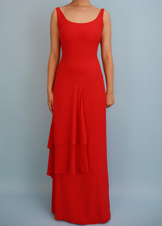 Valentino Spring 1998 Runway Red Silk Chiffon Tiered Gown