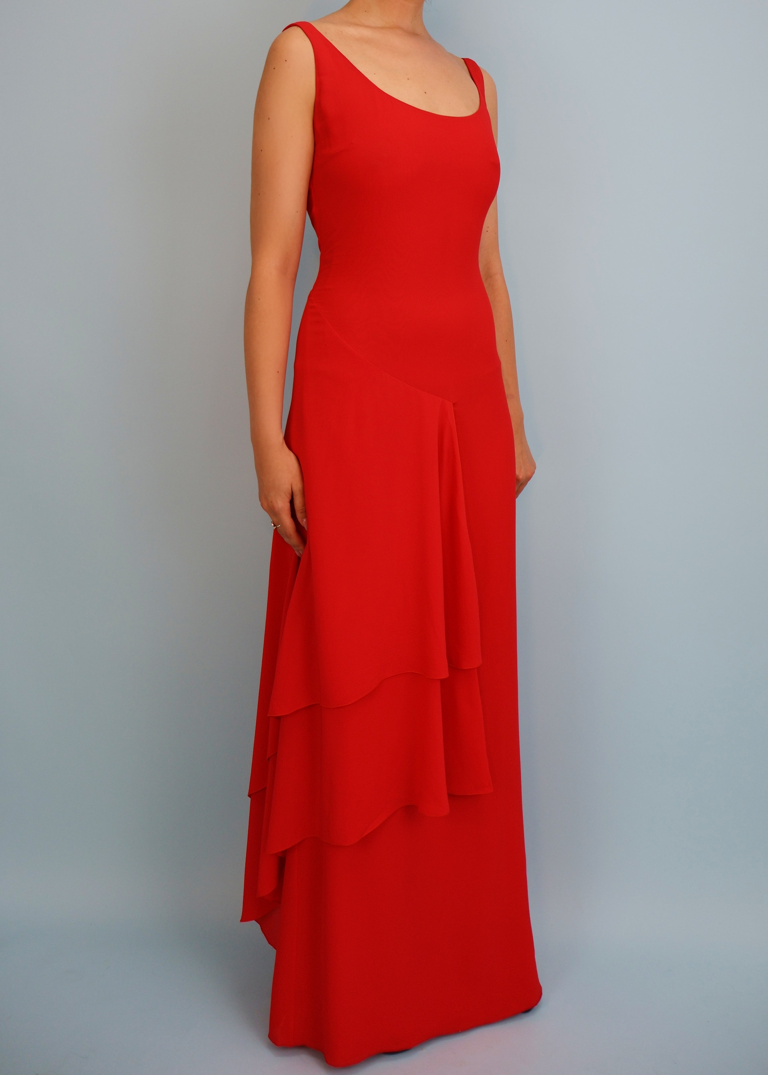 Valentino Spring 1998 Runway Red Silk Chiffon Tiered Gown