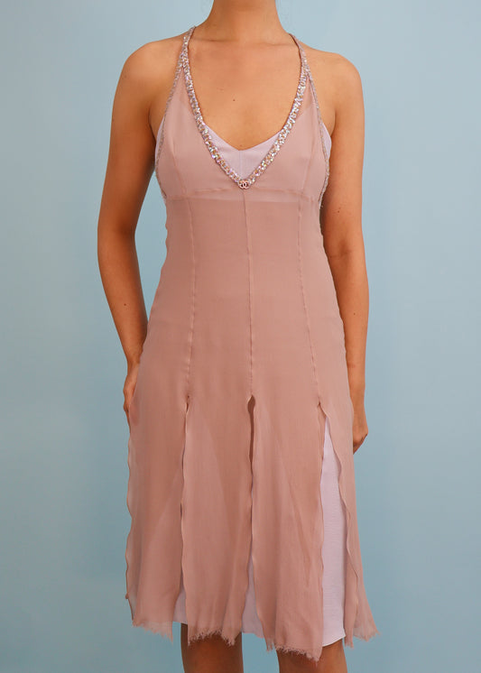 Chanel Spring 2004 Silk Chiffon Embellished Layered Dress