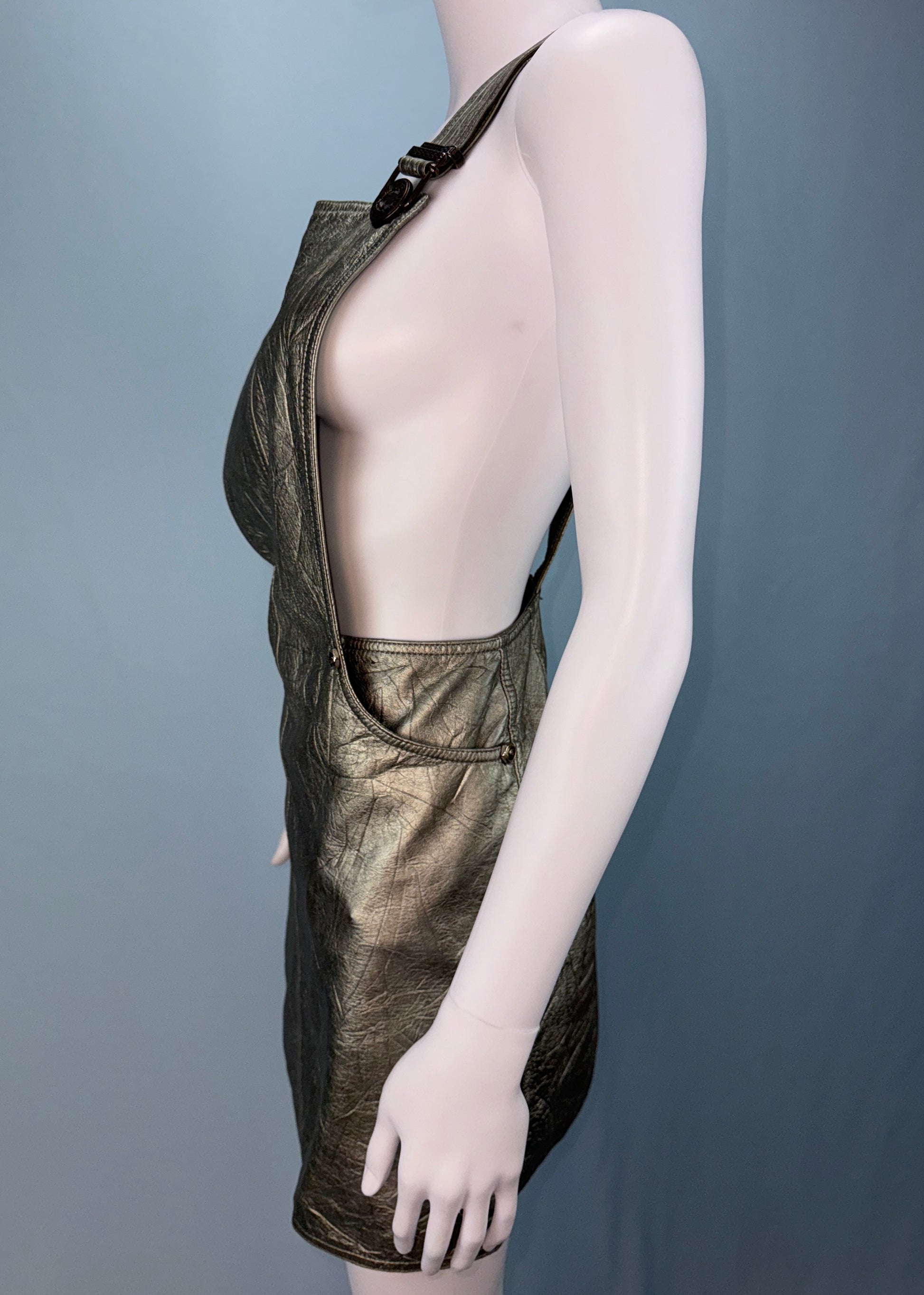 Versace Fall 1994 Silver Metallic Leather Overall Dress Studded Petals Vintage Versace Fall 1994 Silver Metallic Leather Overall Dress Studded Petals Vintage