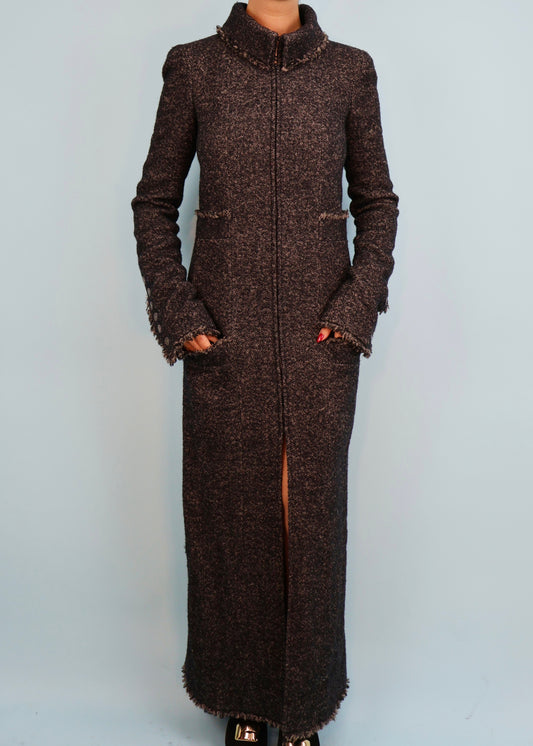Chanel Fall 2005 Grey Tweed Wool Frayed Hem Full Length Coat Dress