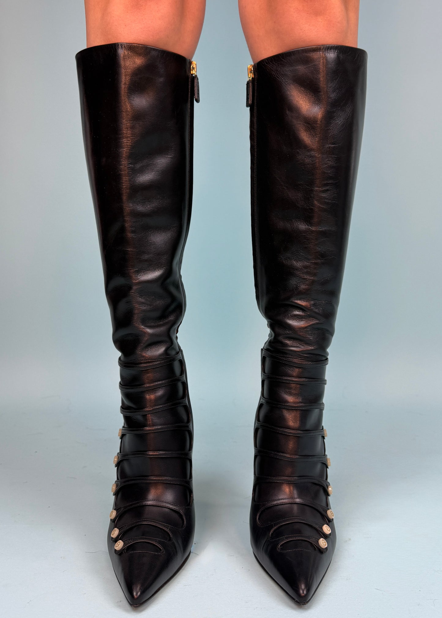 Gucci Black Leather Mother of Pearl Button Heeled Boots