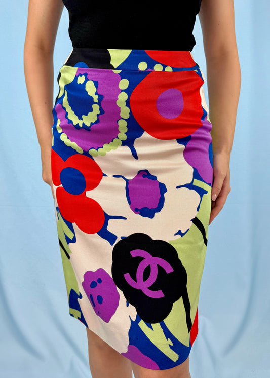 Chanel Spring 2000 Runway Printed Silk Skirt