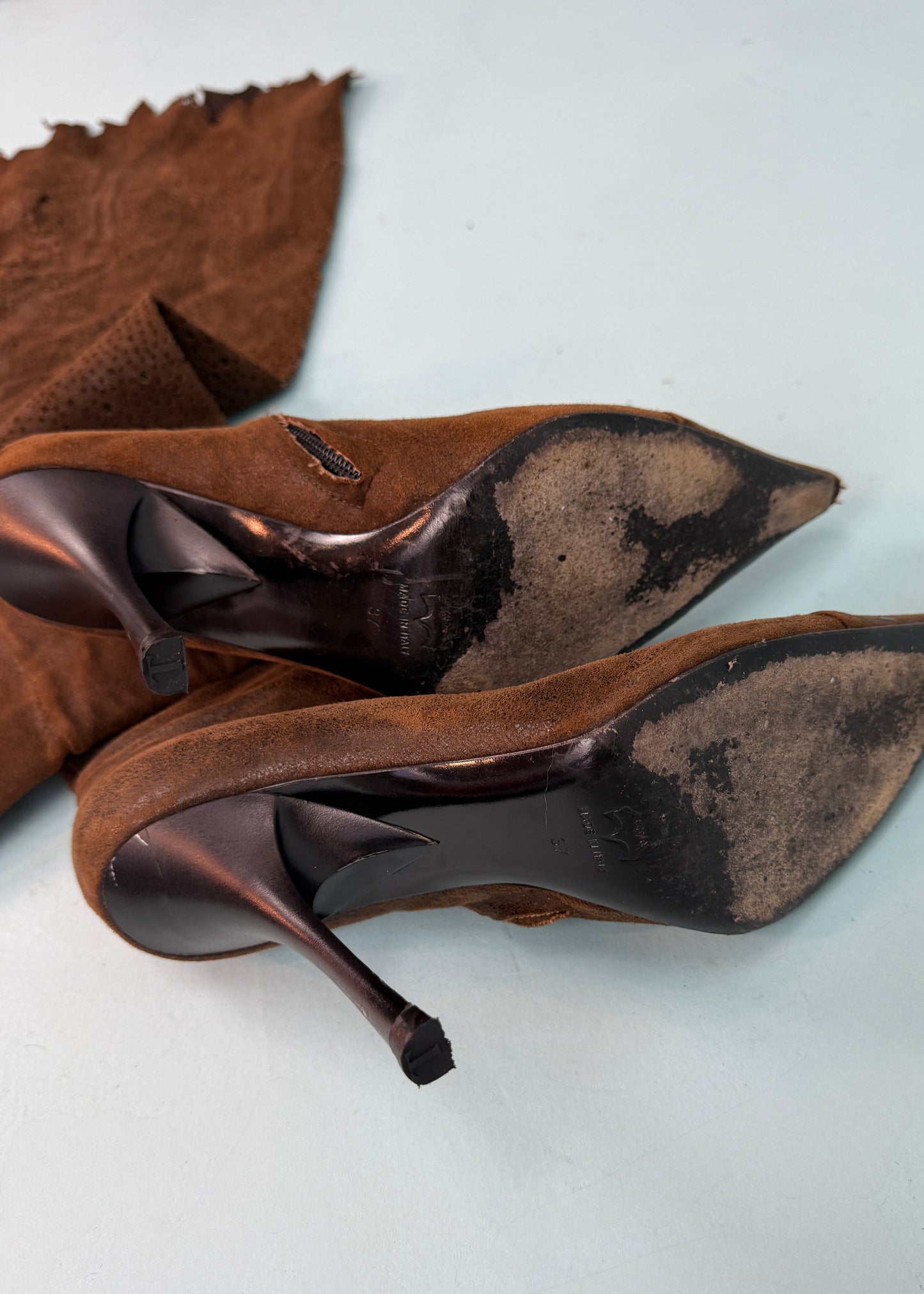 Roberto Cavalli Fall 2001 Runway Suede Perforated Thigh High Heeled Boots