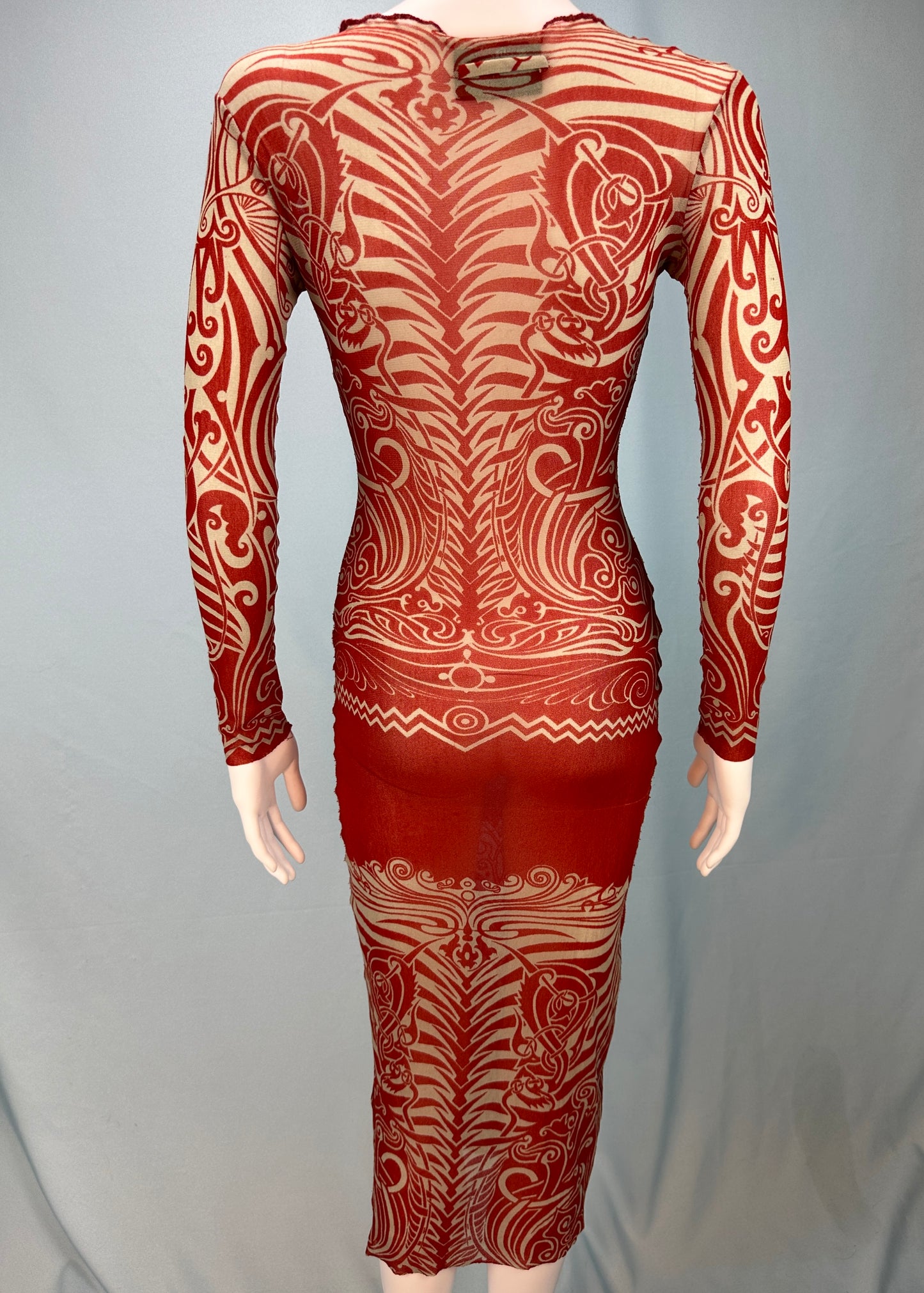 Jean Paul Gaultier Spring 1996 Tribal Print Red Mesh Dress