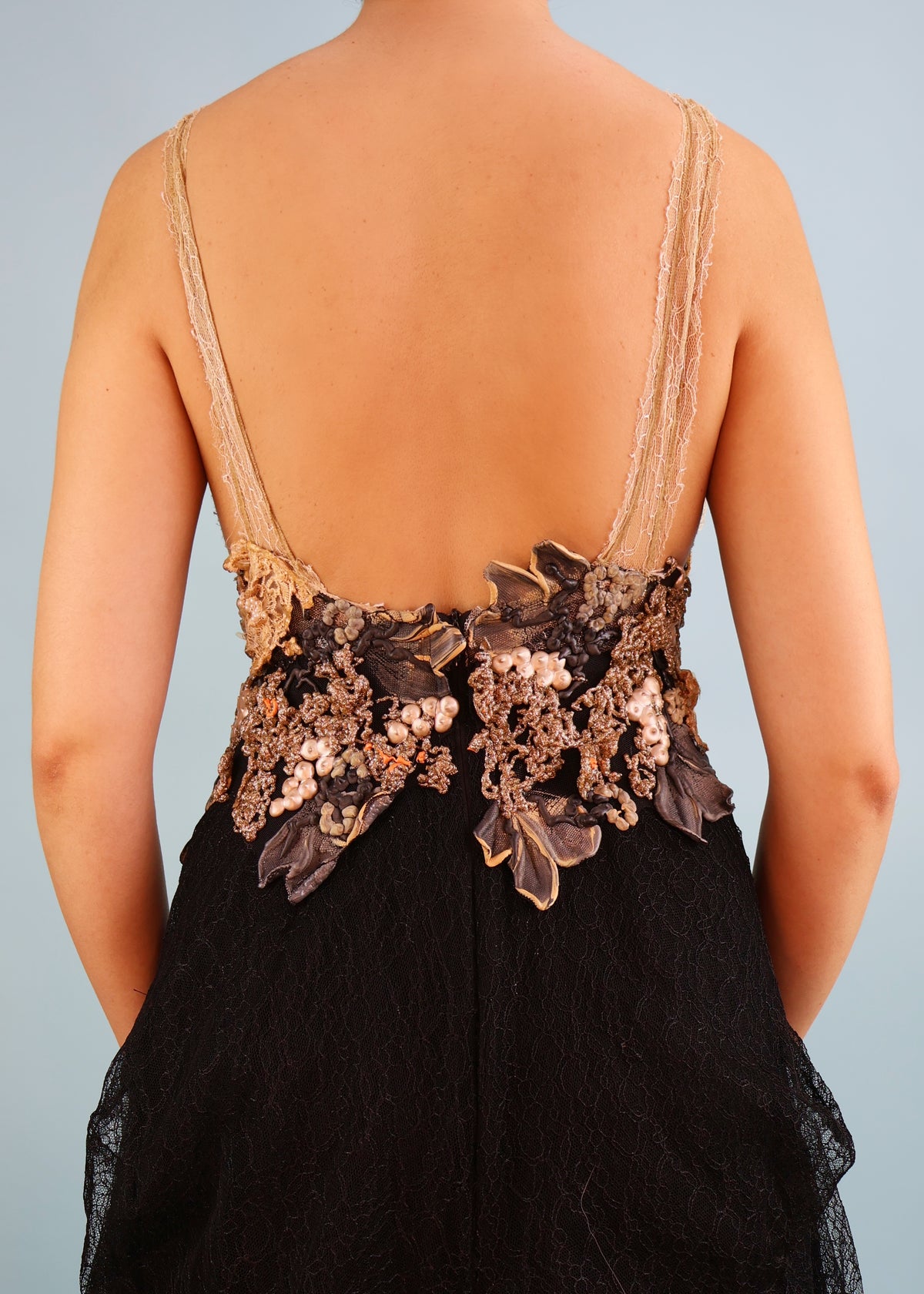 Ema Savahl Couture Hand Painted Floral & Black Lace Gown