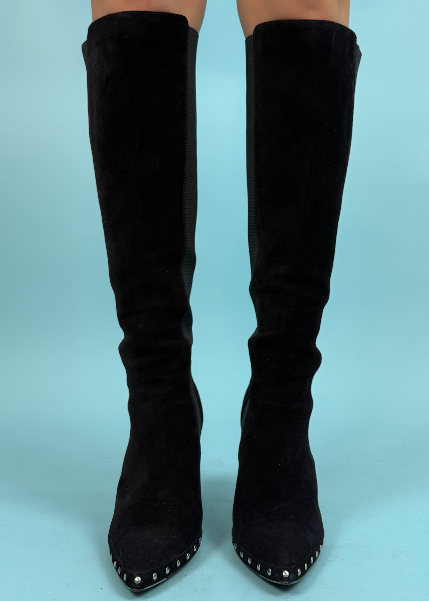 Celine Black Suede Leather Studded Sole Heeled Boots