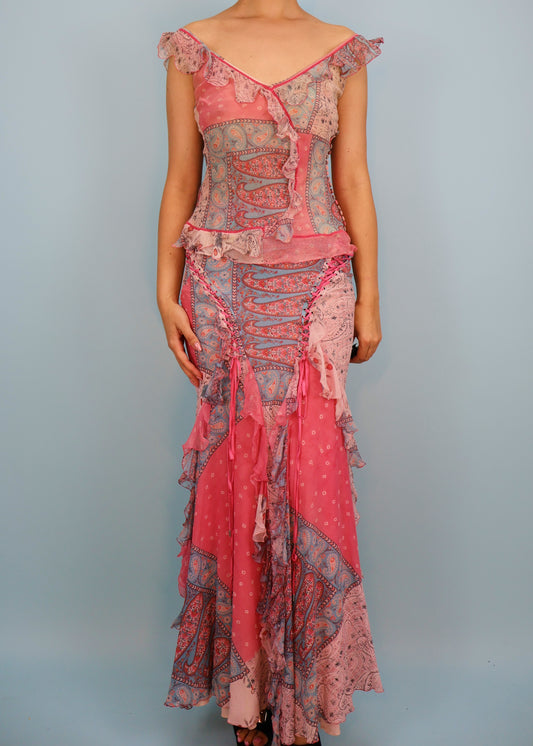 Dior Spring 2004 Silk Chiffon Paisley Print Lace Up Skirt & Top Set