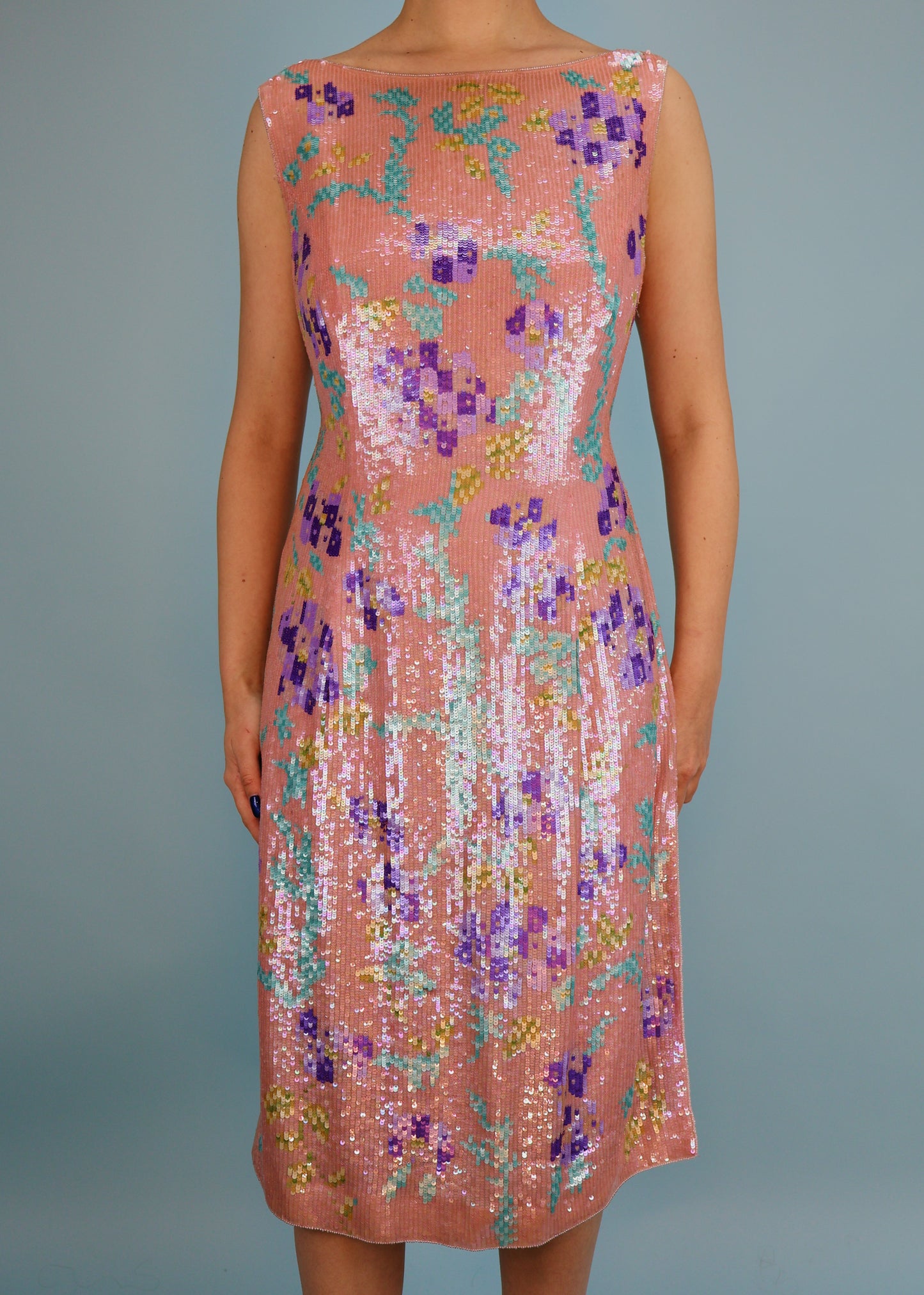 Escada Spring 2001 Runway Floral Sequin & Bead Embellished Silk Dress