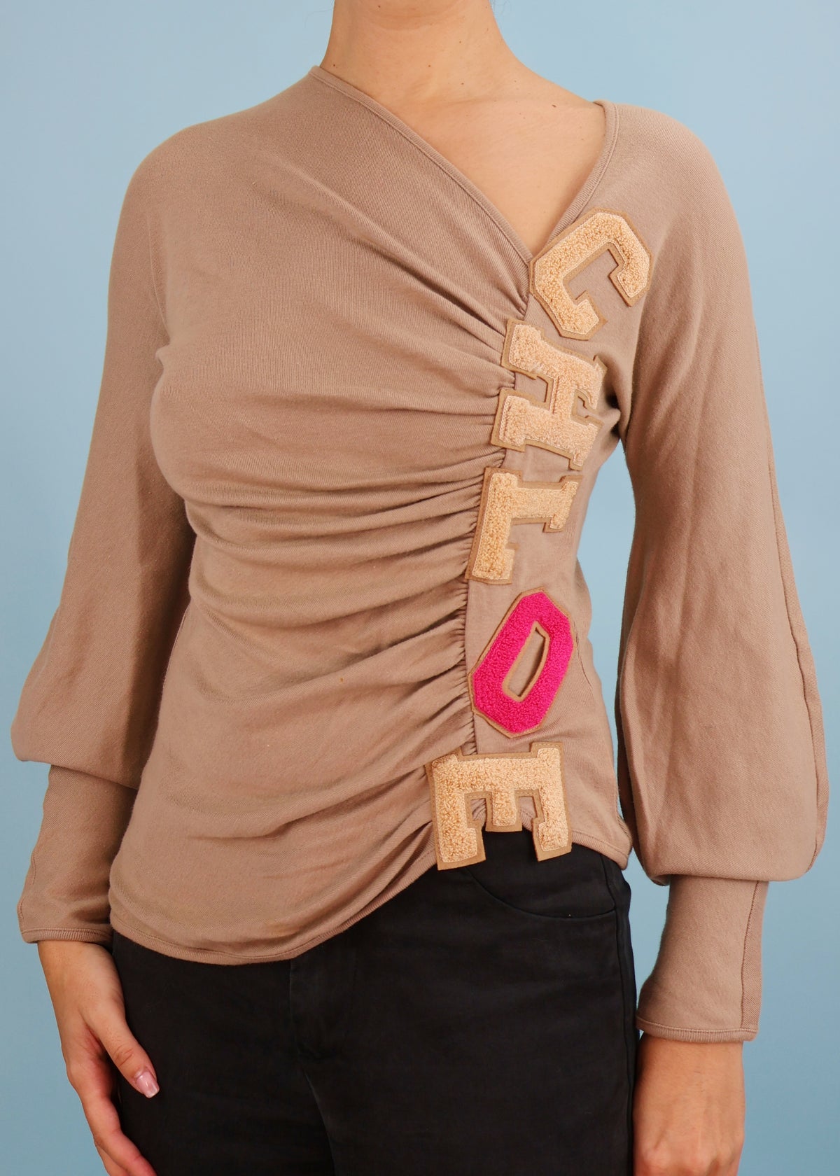 Chloé Fall 2001 Beige "CHLOE" Appliqué Asymmetric Top