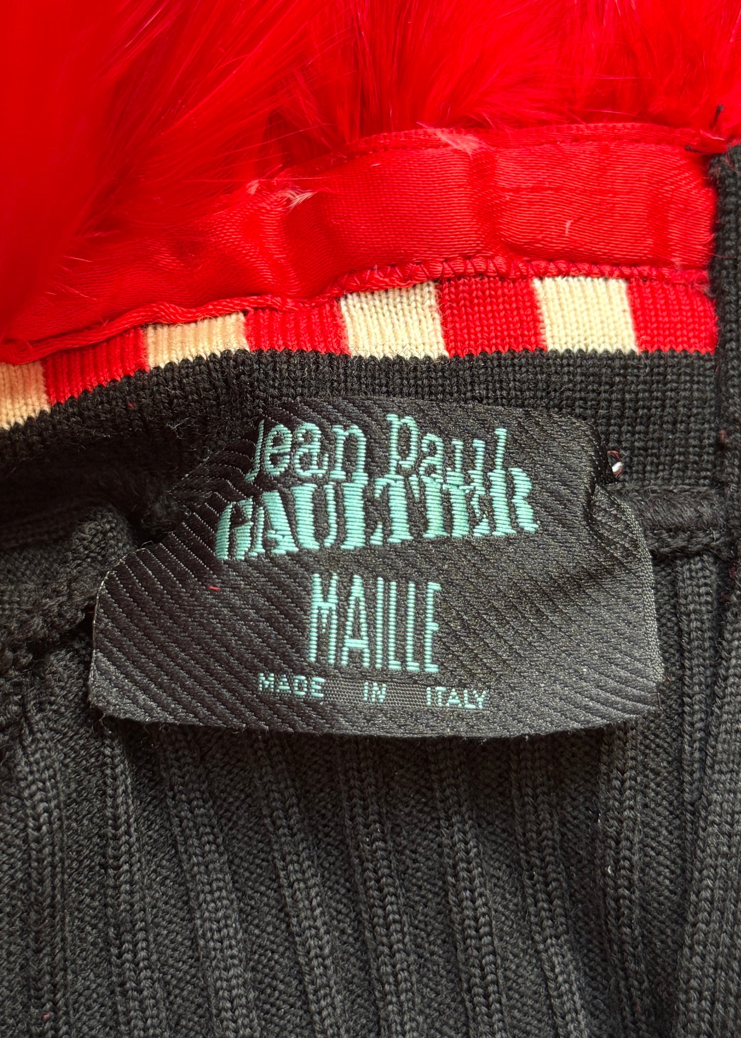 Jean Paul Gaultier Fall 1991 Runway Red Feather Collar Black Knitted Top