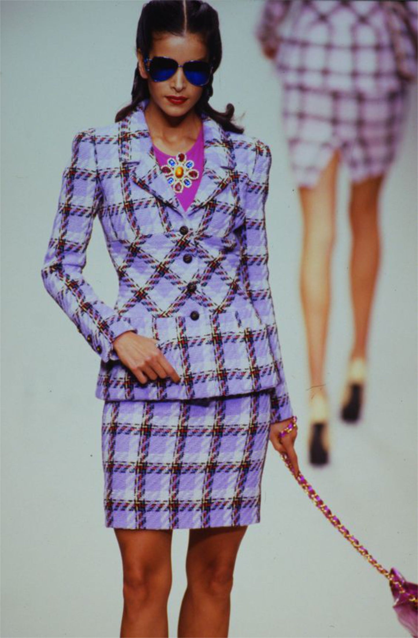 Chanel Spring 1995 Runway Lavender Blue Purple Plaid Tweed Jacket