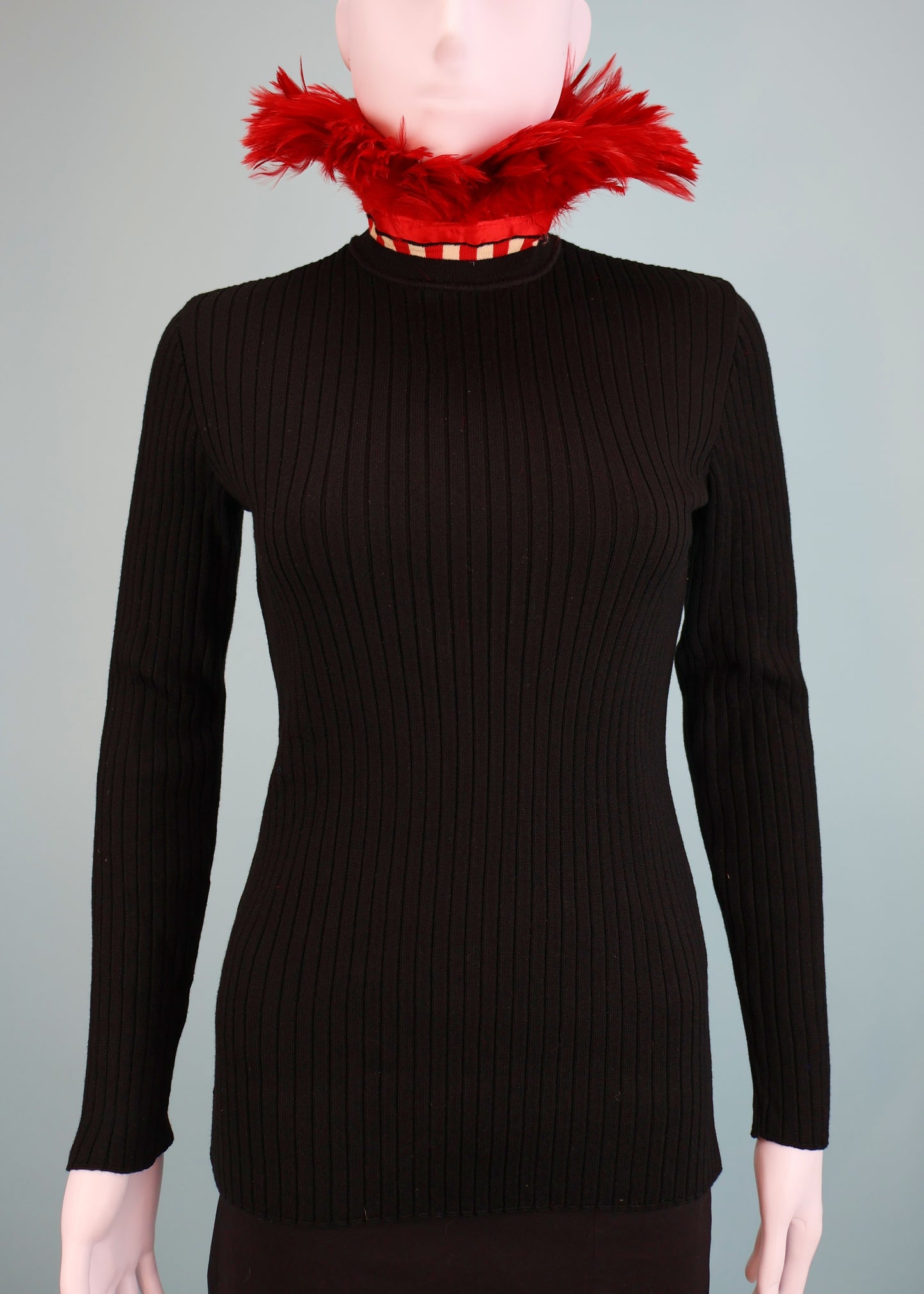 Jean Paul Gaultier Fall 1991 Runway Red Feather Collar Black Knitted Top