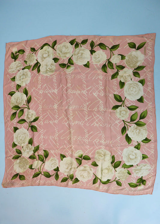 Chanel Pink & White Roses Print Silk Scarf
