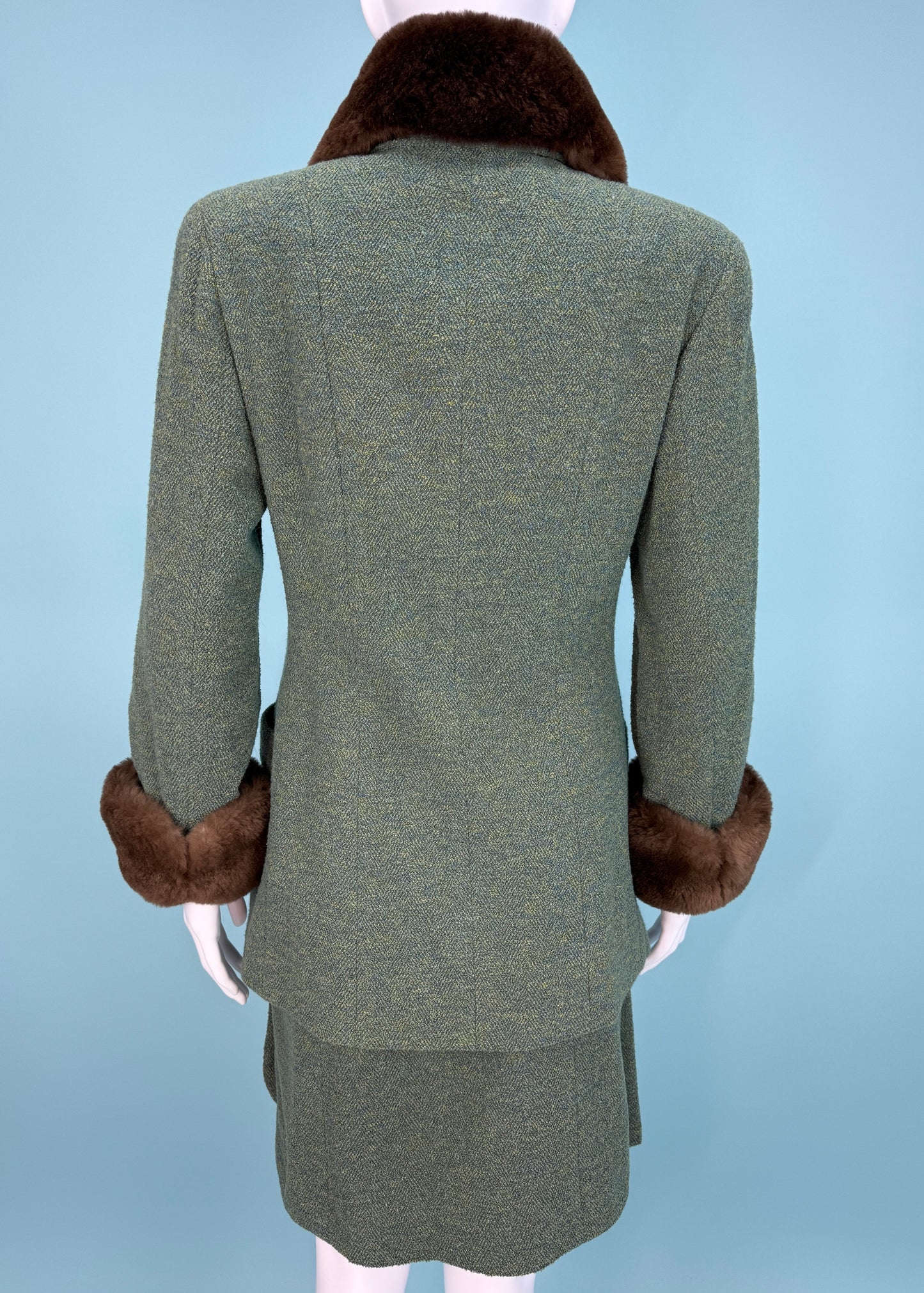 Chanel Fall 1989 Runway Green Boucle Fur Pom Trim Jacket & Skirt Suit Set