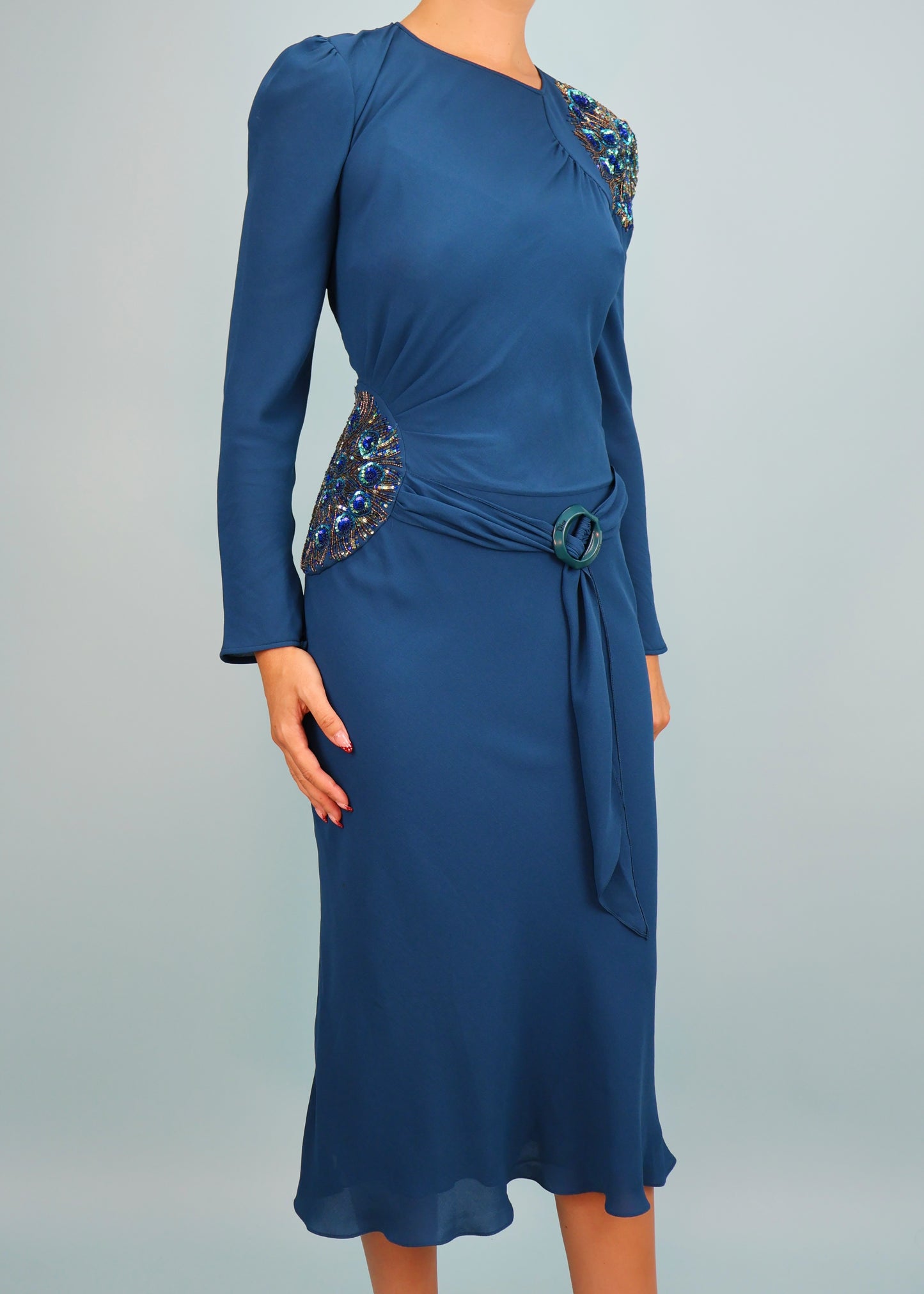 Dior Fall 2005 Teal Blue Silk Chiffon Embellished & Belted Midi Dress