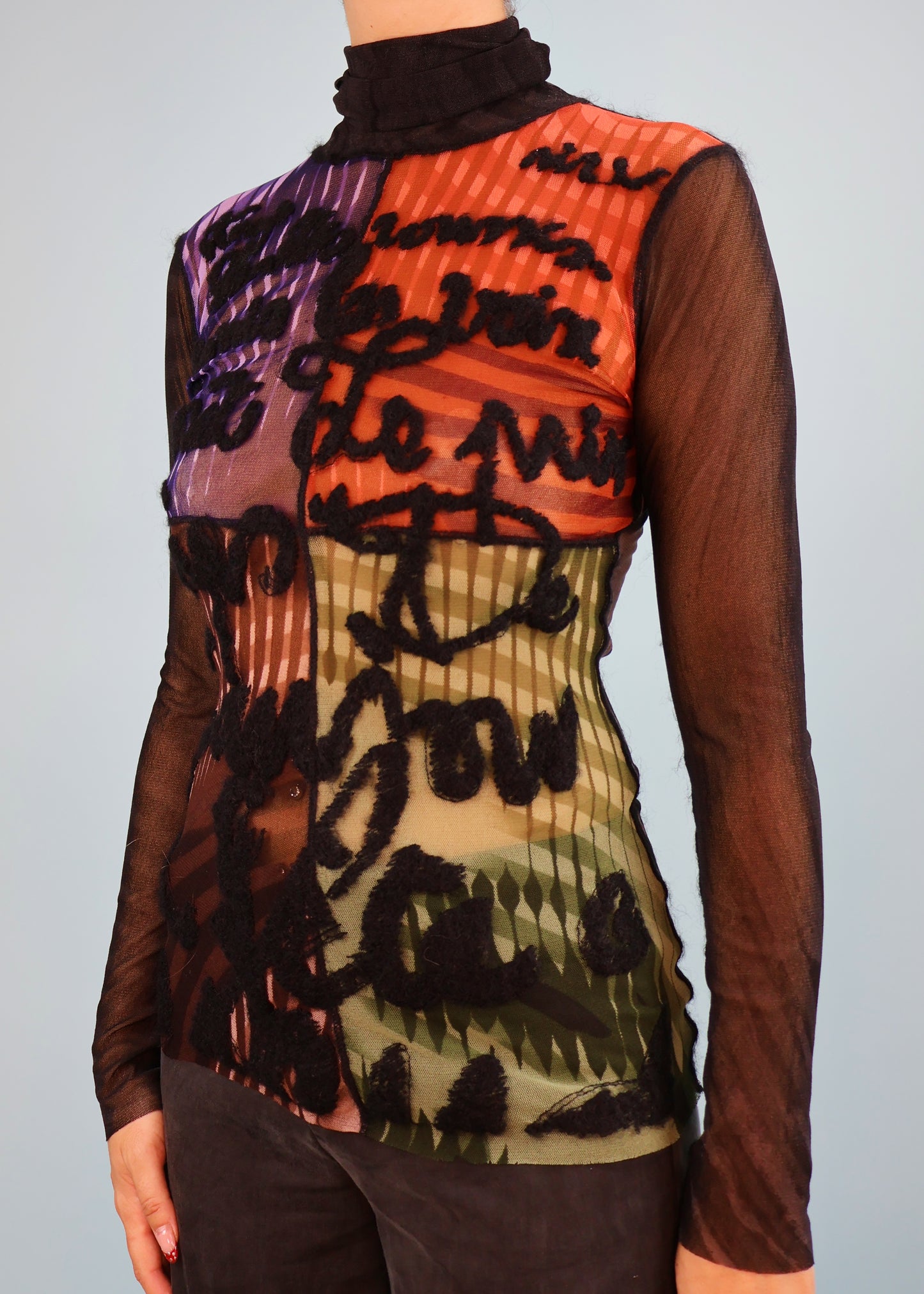 Jean Paul Gaultier Fall 2001 Colour Block & Greta Garbo Face Print Mesh Top