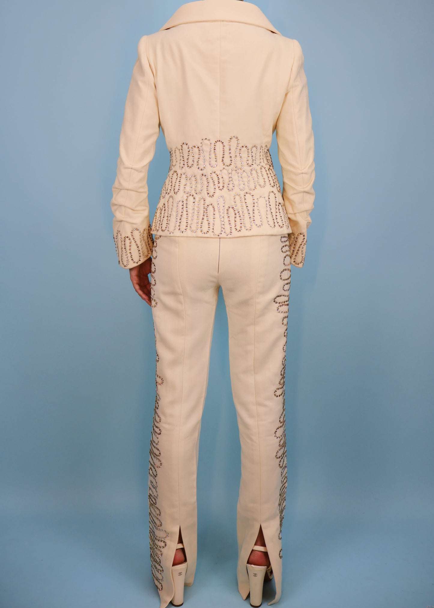 Atelier Versace Fall 1999 Runway Cream Crystal Embellished Jacket & Pants Suit Set