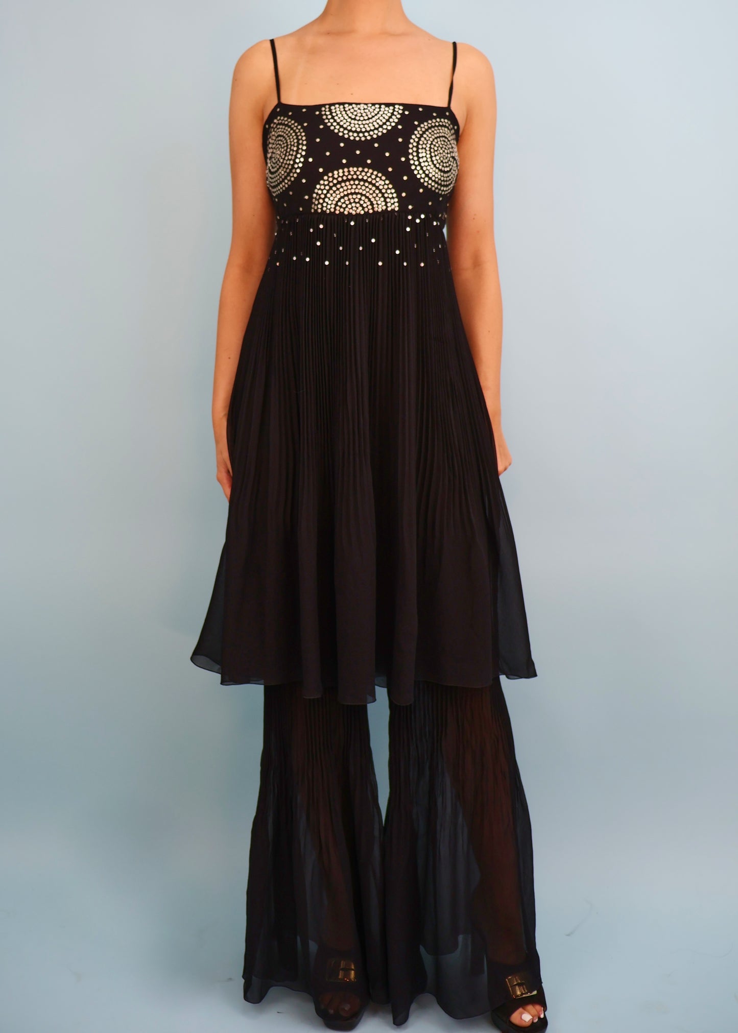 Chanel Fall 2000 Runway Embellished Black Silk Chiffon Jumpsuit Dress
