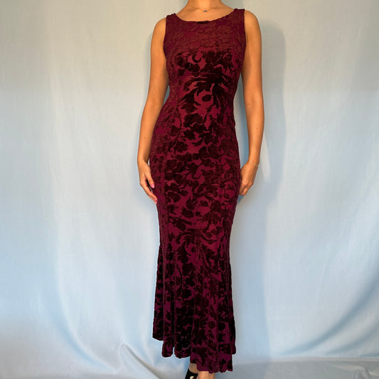 Betsey Johnson Maroon Burnout Devoré Velvet Maxi Dress