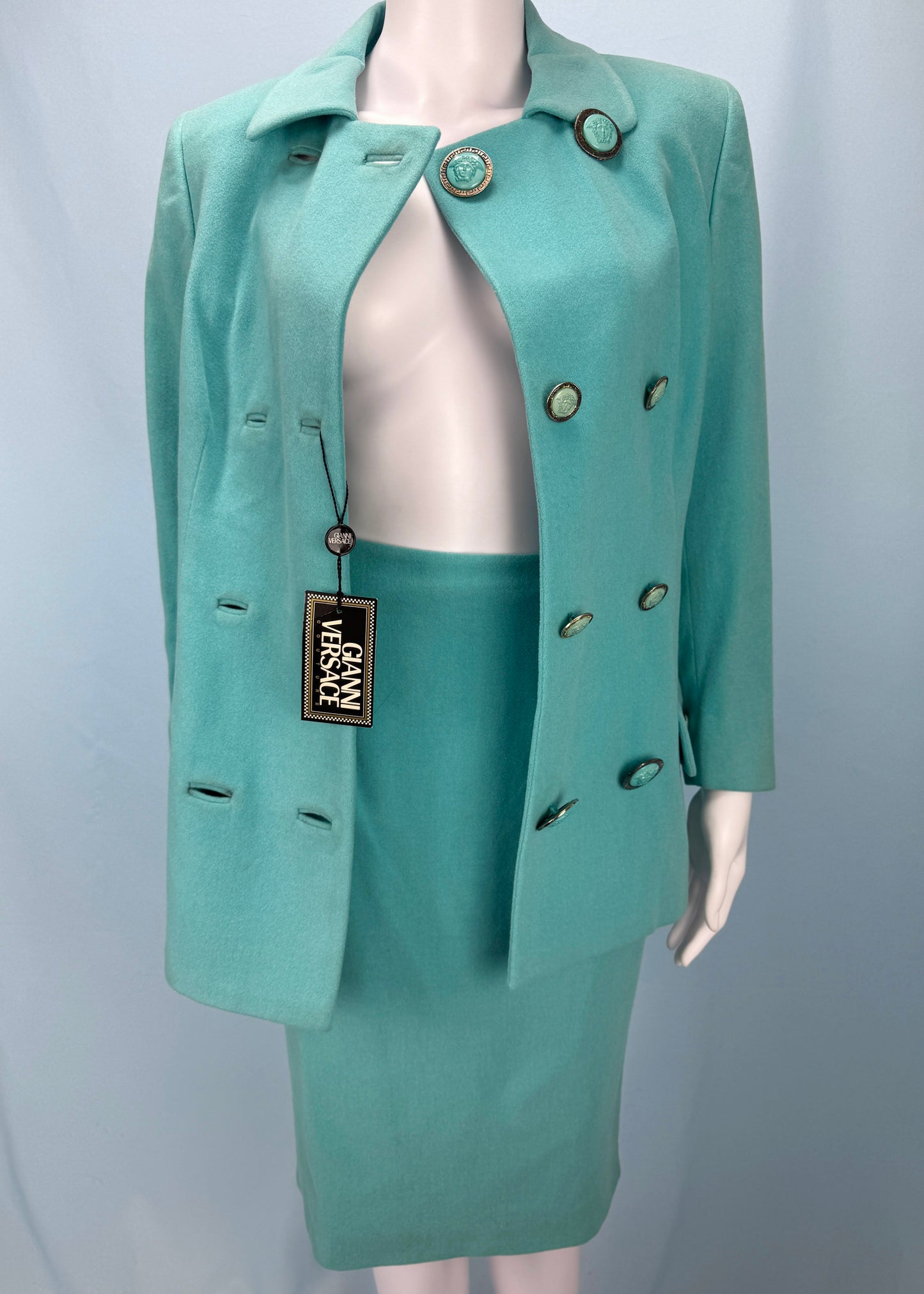 Versace Blue Medusa Button Jacket & Skirt Suit Set