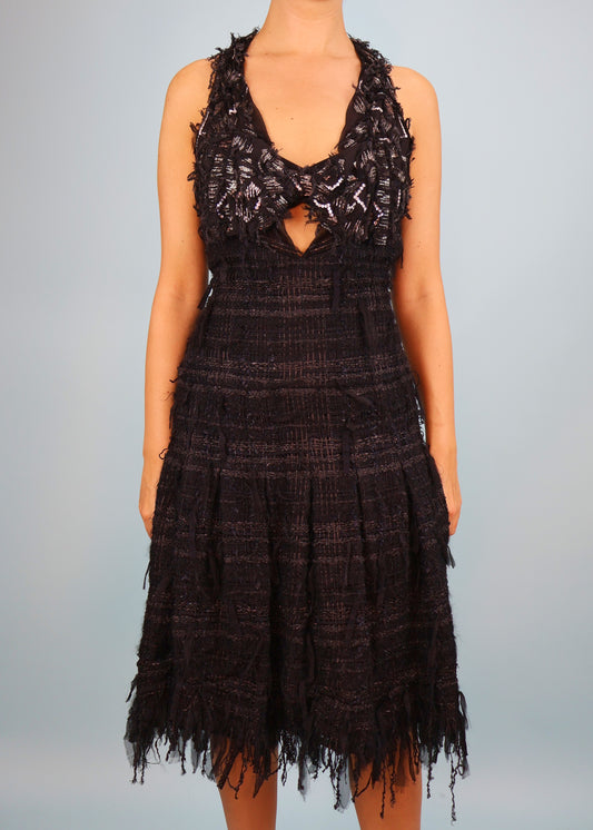 Chanel Fall 2005 Runway Black Embellished Bow Detail Tweed Dress
