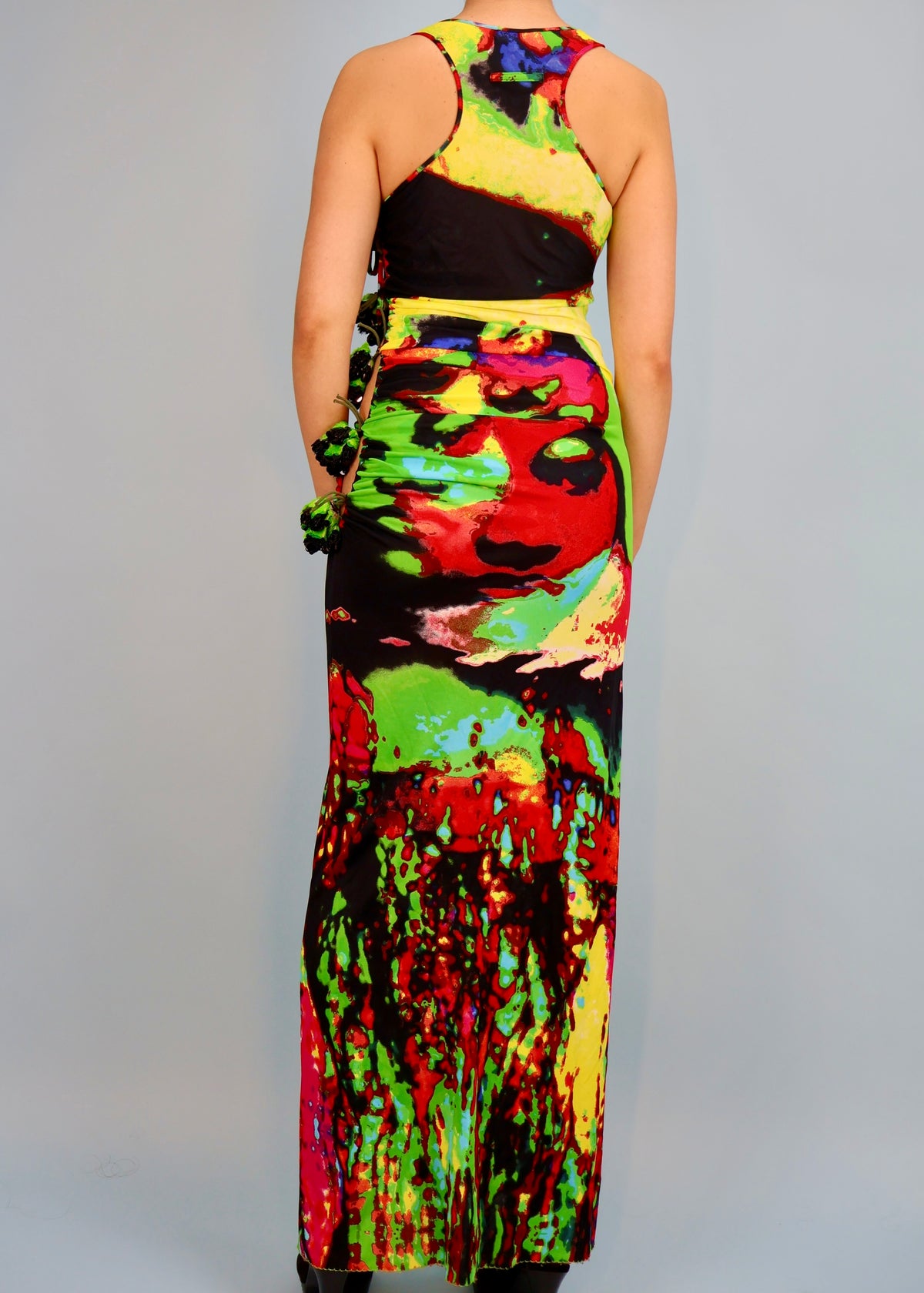 Jean Paul Gaultier Spring 2000 Runway Psychedelic Face Print & Flower Embellished Maxi Dress
