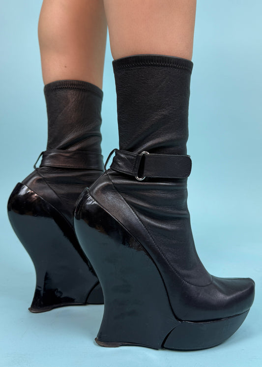 Celine Fall 2008 Runway Black Leather Wedge Boot Heels