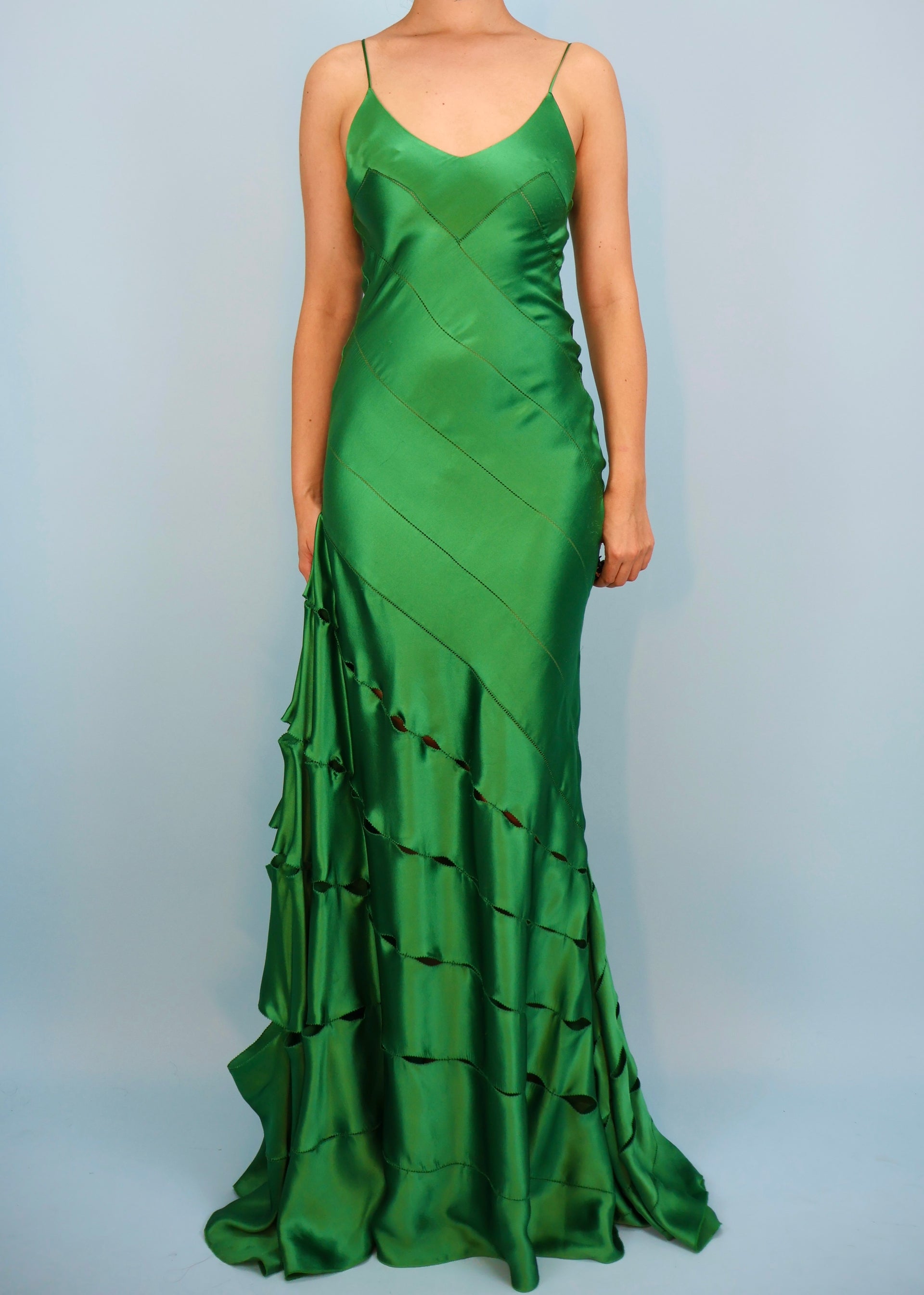 Roberto Cavalli Green Silk Satin Cut Out Gown – Studded Petals Vintage