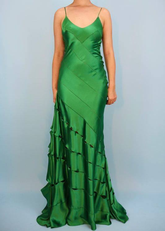 Roberto Cavalli Green Silk Satin Cut Out Gown