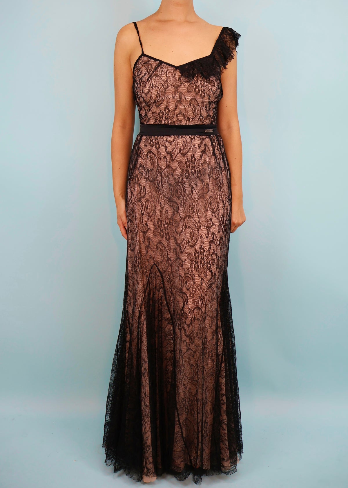 John Galliano Black Lace Asymmetric Ruffle Detail Gown