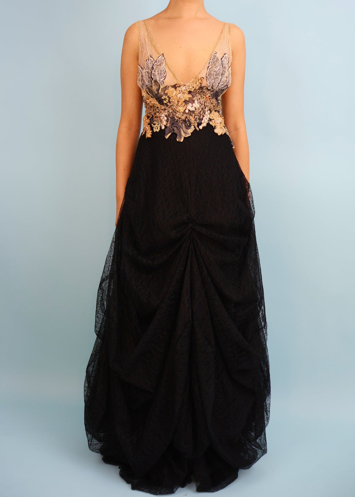 Ema Savahl Couture Hand Painted Floral & Black Lace Gown