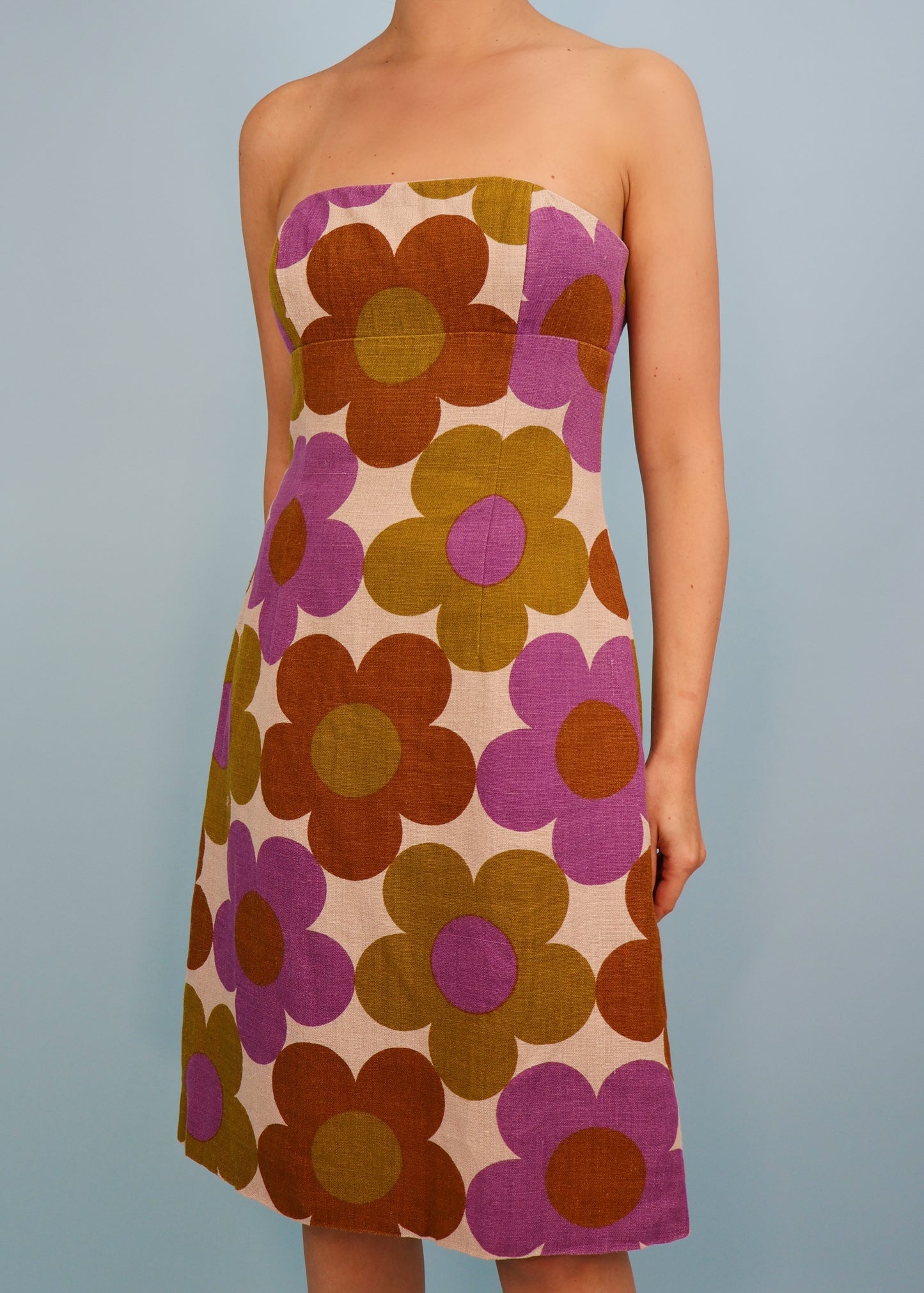 Celine Spring 2002 Runway Floral Linen Corseted Strapless Dress
