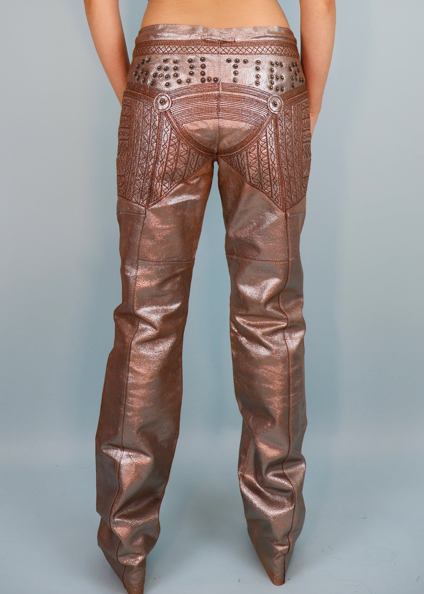 Jean Paul Gaultier Metallic Silver Leather Studded Spellout & Embroidered Pants