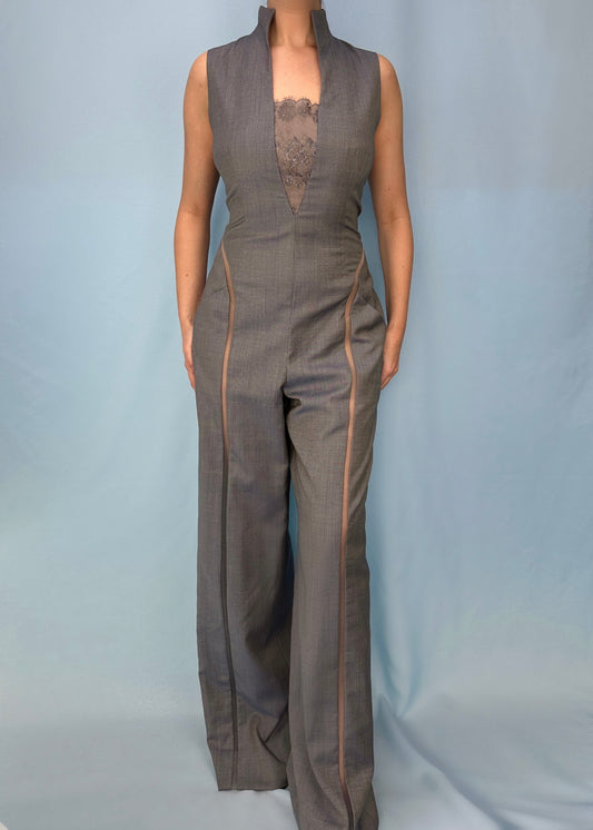 Givenchy Haute Couture by Alexander McQueen Spring 2000 Grey Mesh & Lace Detail Jumpsuit