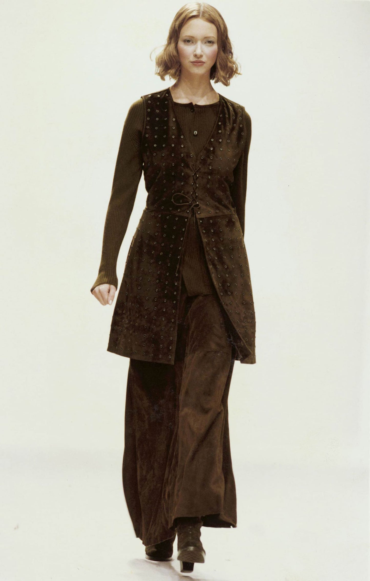Prada Fall 1993 Runway Brown Suede Eyelet Lace Up Dress
