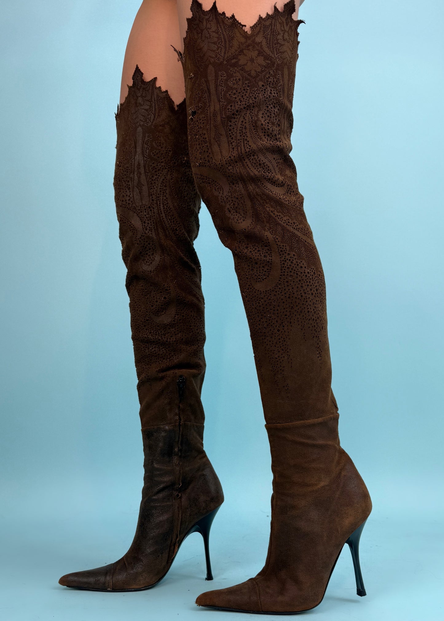 Roberto Cavalli Fall 2001 Runway Suede Perforated Thigh High Heeled Boots