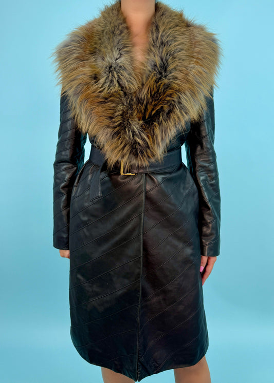 Valentino Roma Black Leather Fur Collar Belted Jacket