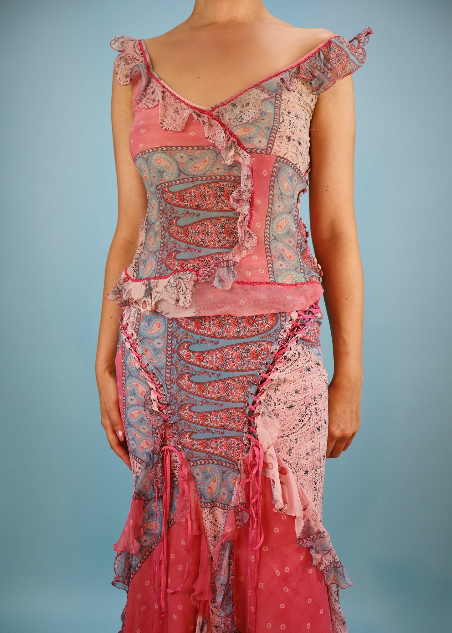 Dior Spring 2004 Silk Chiffon Paisley Print Lace Up Skirt & Top Set