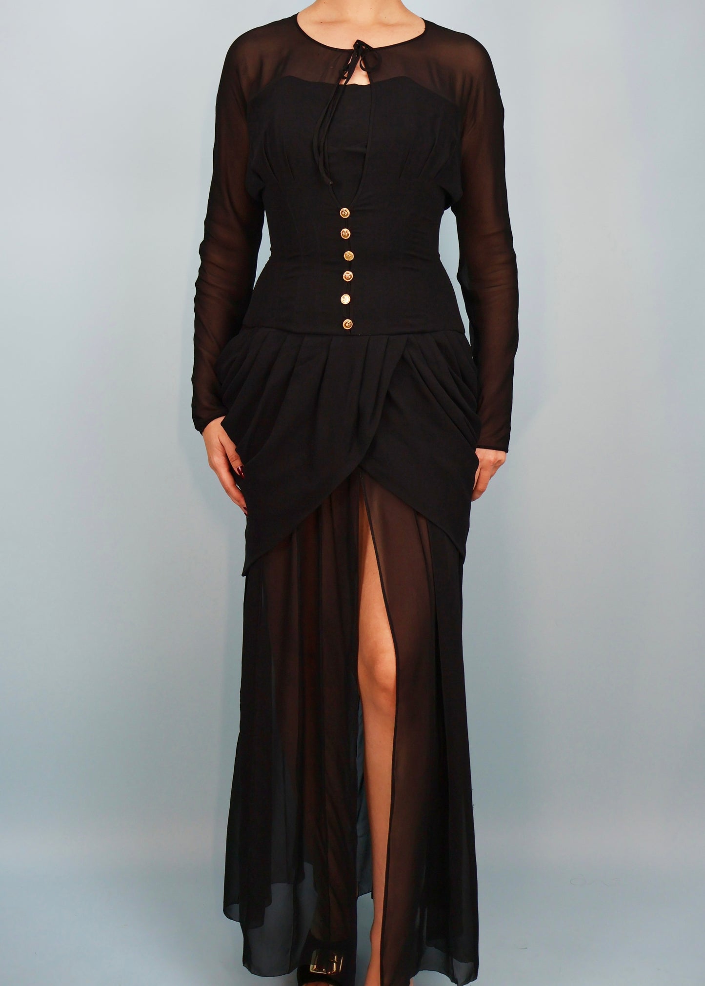 Chanel Fall 1989 Runway Black Silk Chiffon Corseted Draped Gown