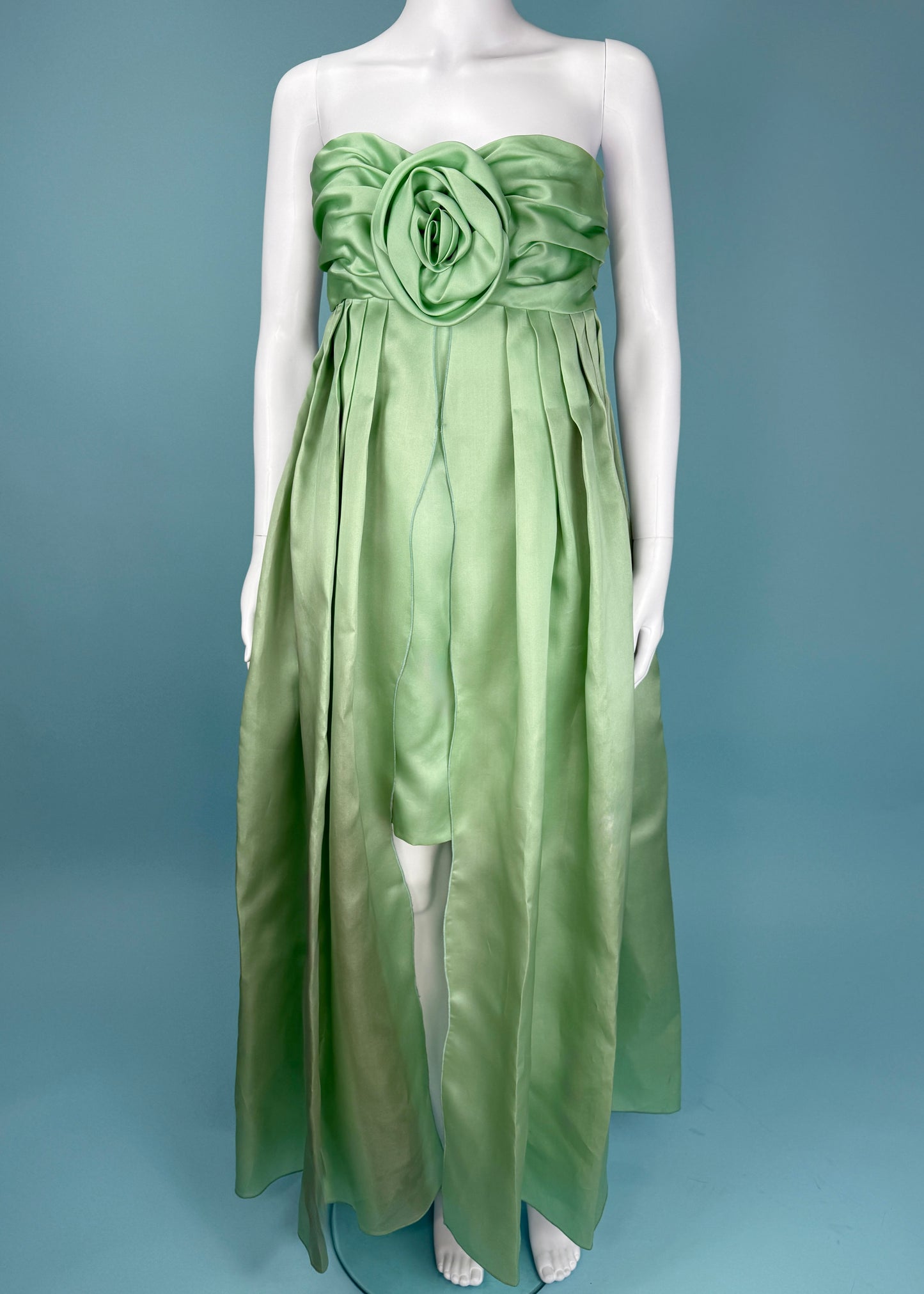 Chloé Spring 1991 Runway Green Silk Corsage Strapless Gown