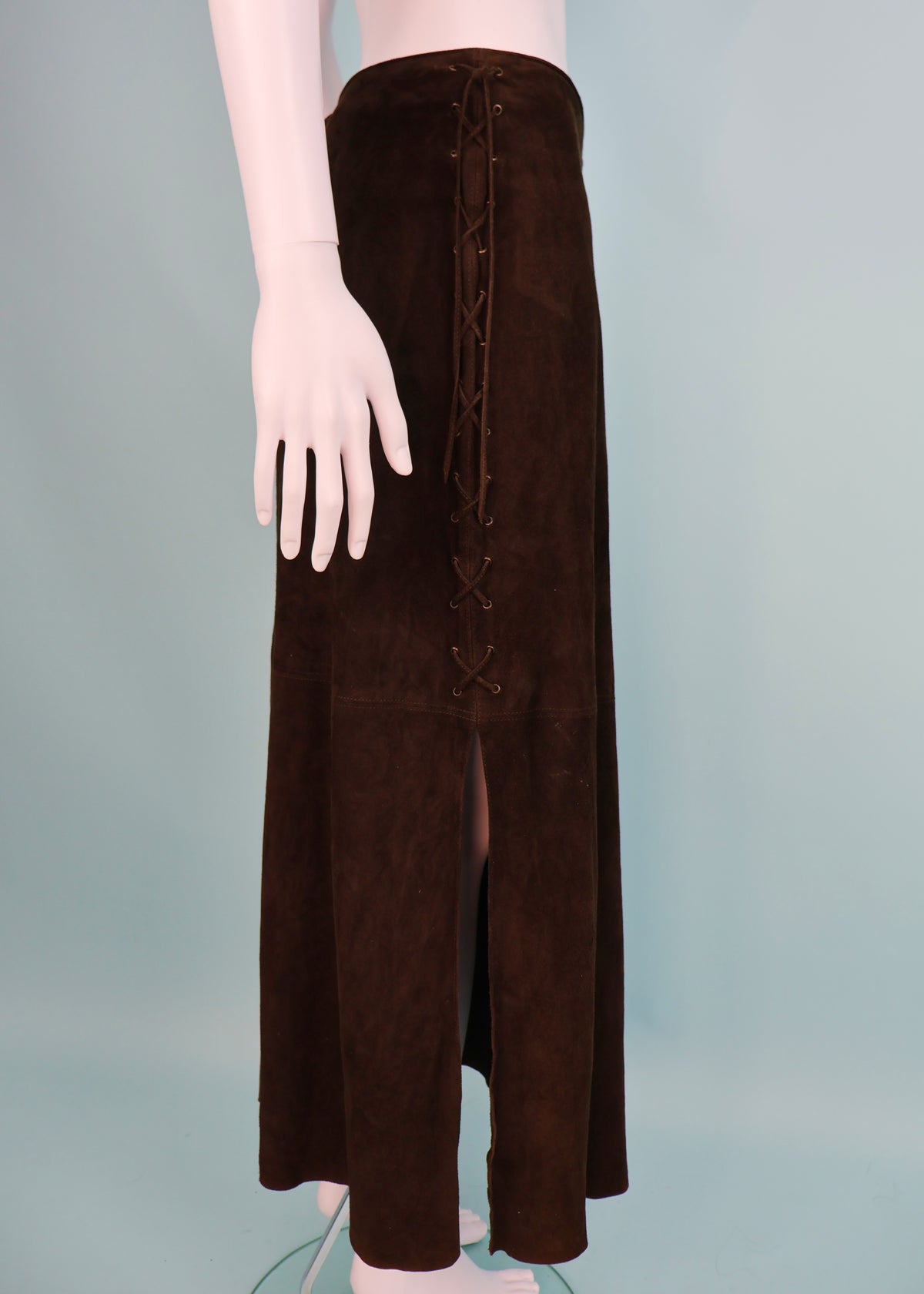 Prada Fall 1993 Runway Brown Suede Lace Up Maxi Skirt