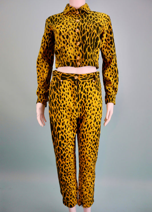Versace Spring 1992 Runway Yellow Cheetah Print Denim Jacket & Jeans Sets