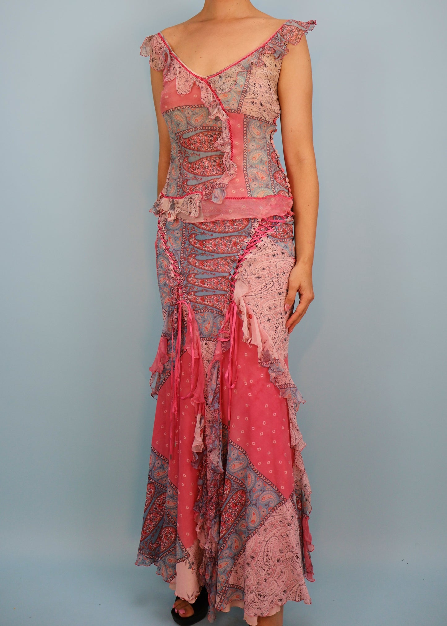 Dior Spring 2004 Silk Chiffon Paisley Print Lace Up Skirt & Top Set