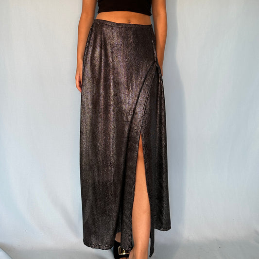 Anna Sui Metallic Silver Knit Maxi Skirt