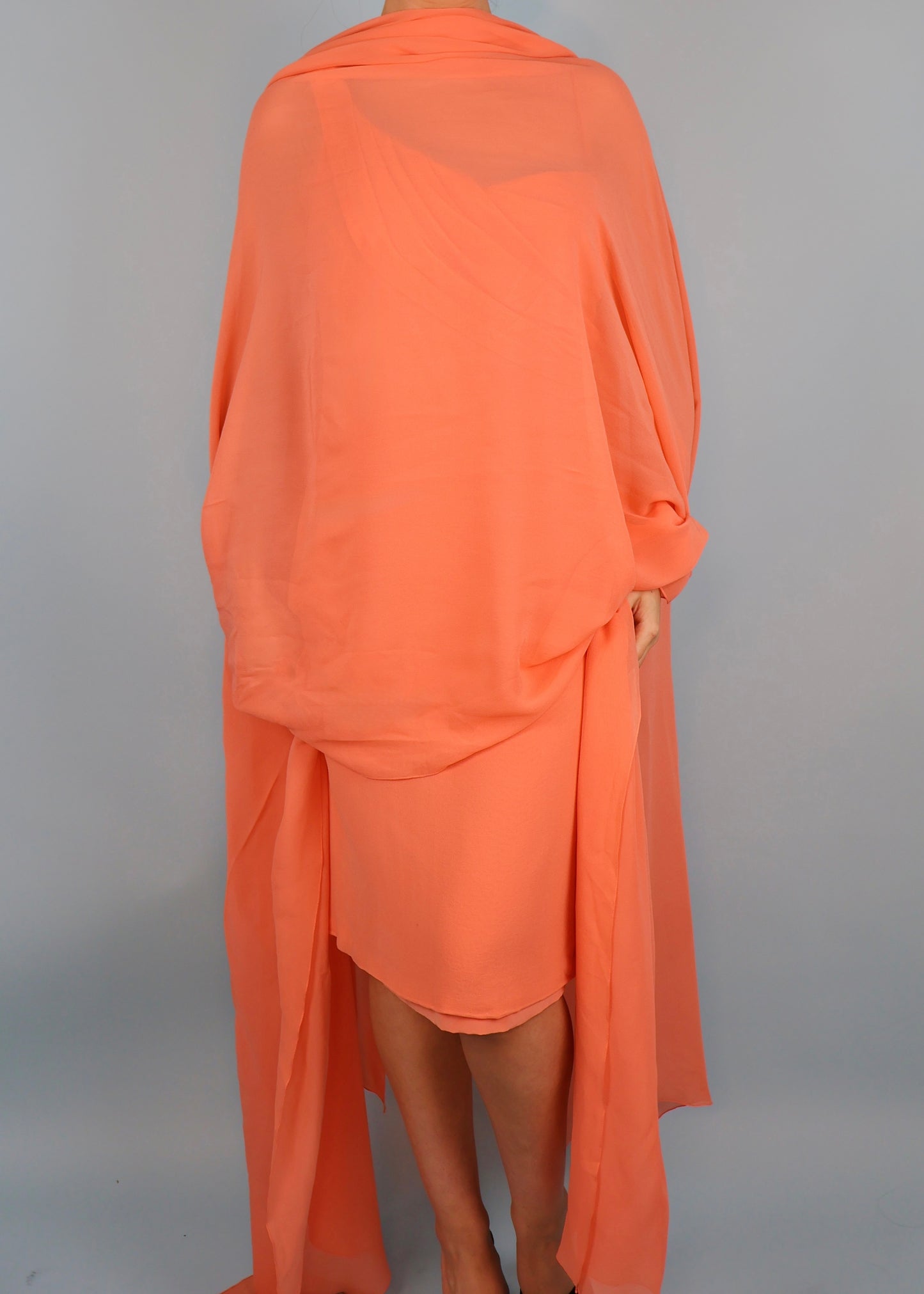 Givenchy Haute Couture Spring 1997 Peach Asymmetric Silk Dress & Shawl