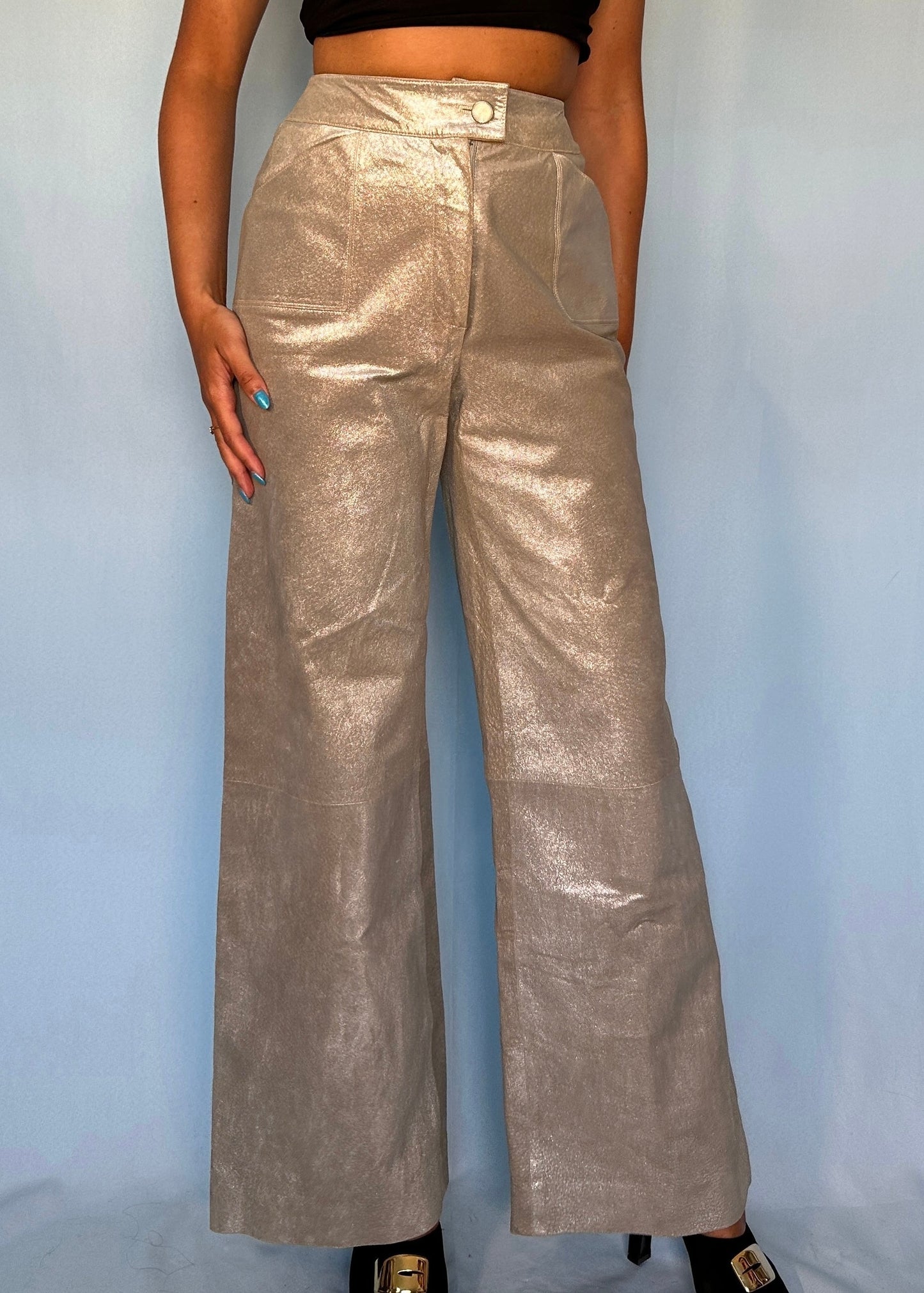 Chanel Fall 1999 Runway Metallic Silver Leather Flared Pants