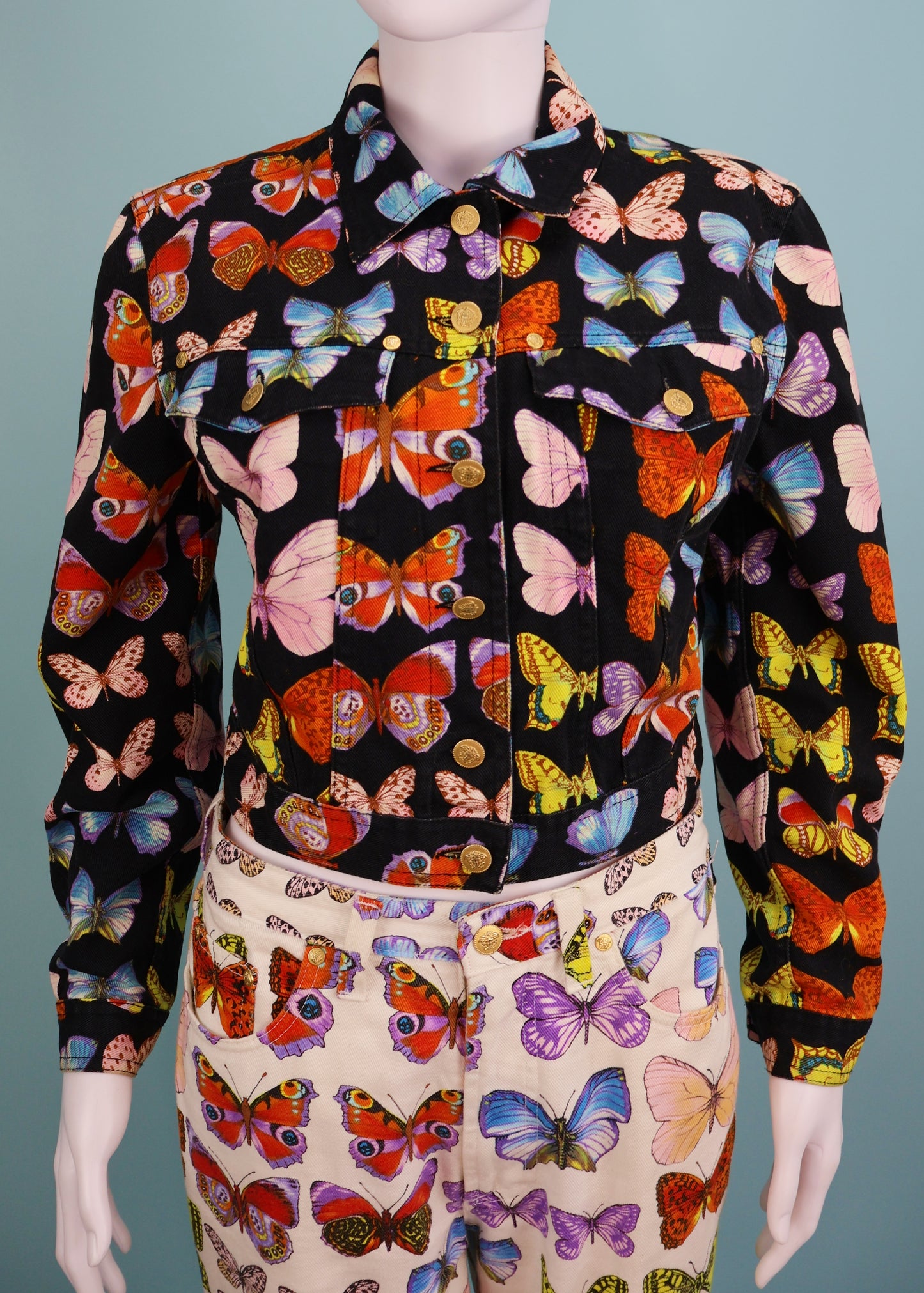 Versace Spring 1995 Butterfly Print Denim Jacket & Jeans Set