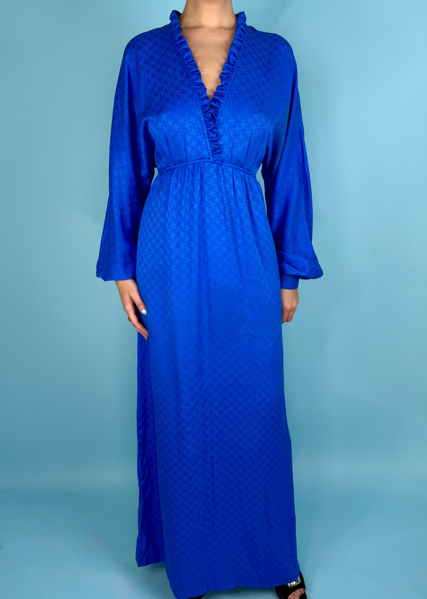 Balenciaga 1980’s Blue Monogram Silk Wide Sleeve Maxi Dress