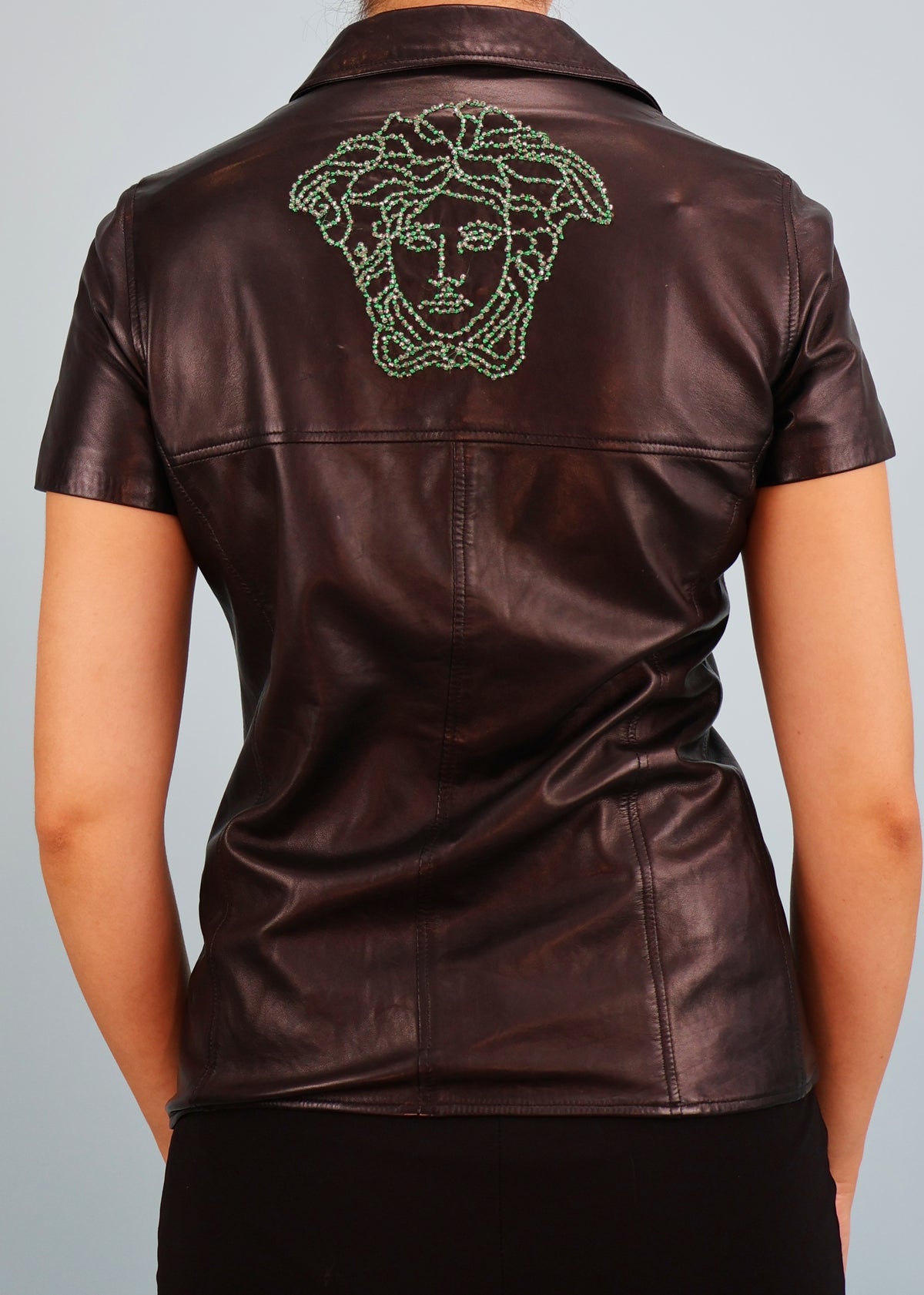 Versace 1990s Beaded Medusa Black Leather Zip Up Top